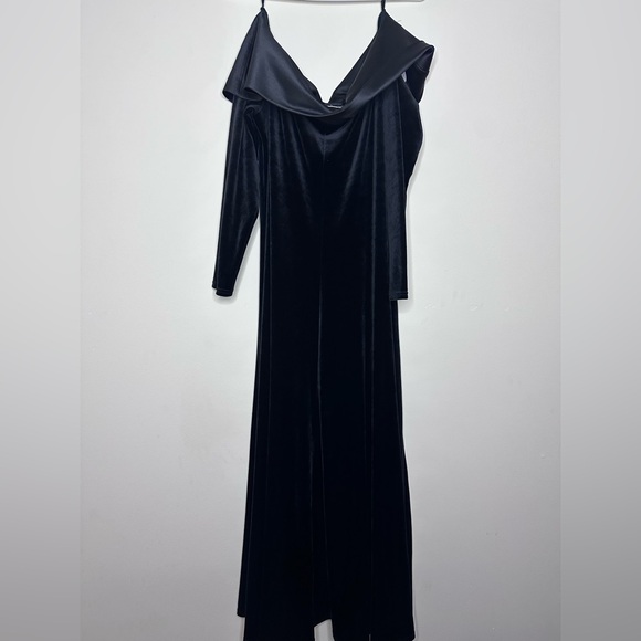 Posh Black Velvet Maxi Gown Dress Boat Neck Cowl Neck Goth Grunge Vamp Prom Med - Picture 2 of 4